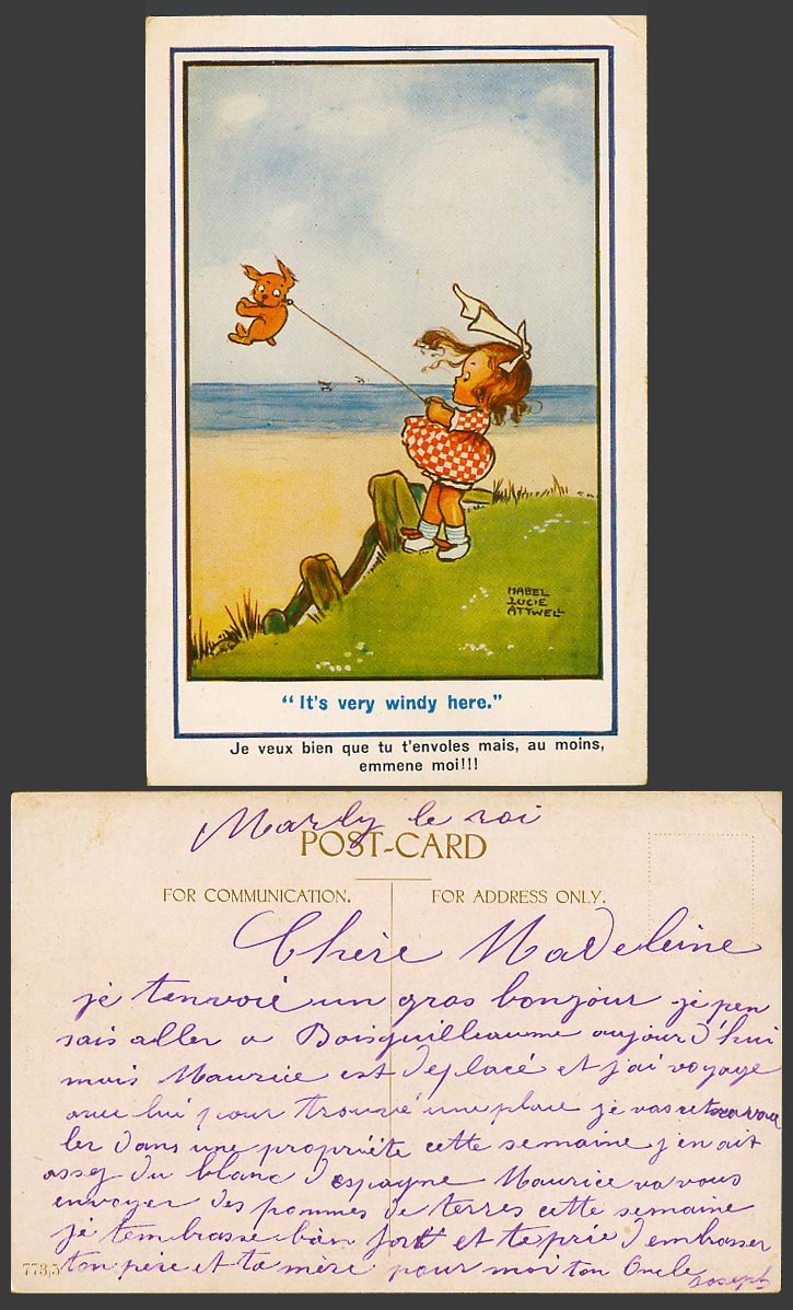 MABEL LUCIE ATTWELL Old Postcard Dog Flying Like Kite It's Very Windy Here 773/5