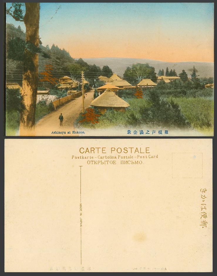 Japan Old Hand Tinted Postcard Ashinoyu Hakone, Street Scene Native Houses 箱根蘆之湯