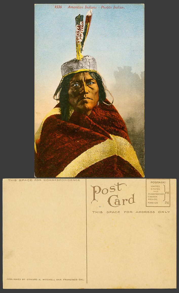 Native North American Indians Pueblo Indian Feathers Hat USA Old Colour Postcard