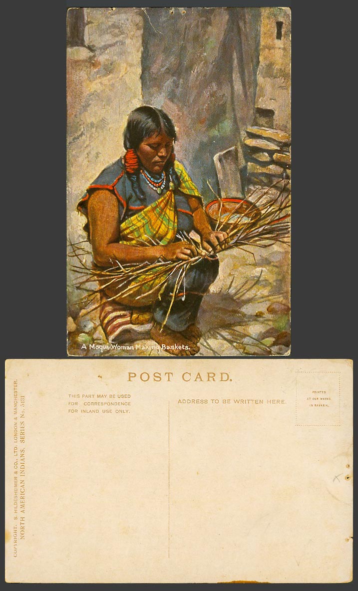 A Moqui Woman Making Baskets Native North American Red Indian Old Color Postcard