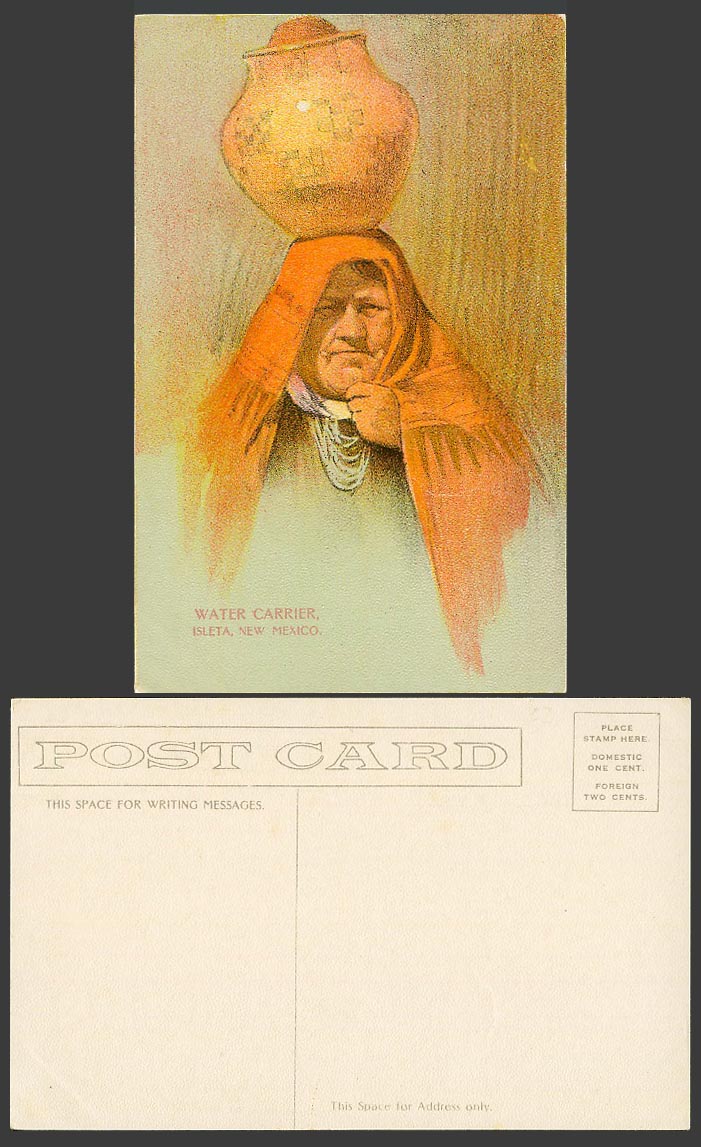 American Indian Water Carrier Woman, Isleta Pueblo, New Mexico, USA Old Postcard