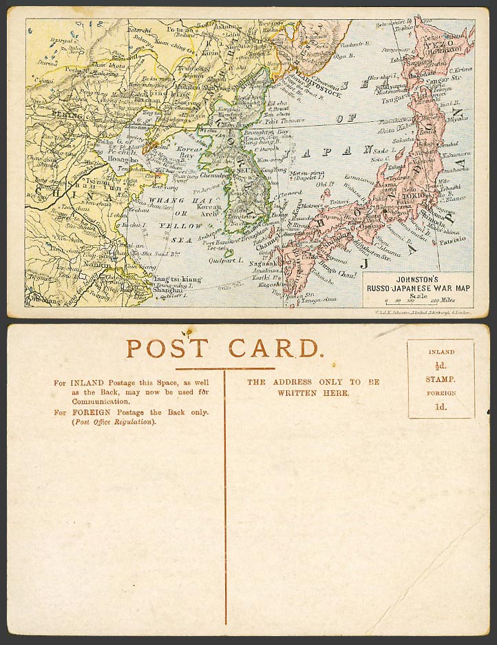 China, Johnston's Russo-Japanese War MAP Manchuria Korea Japan 1904 Old Postcard