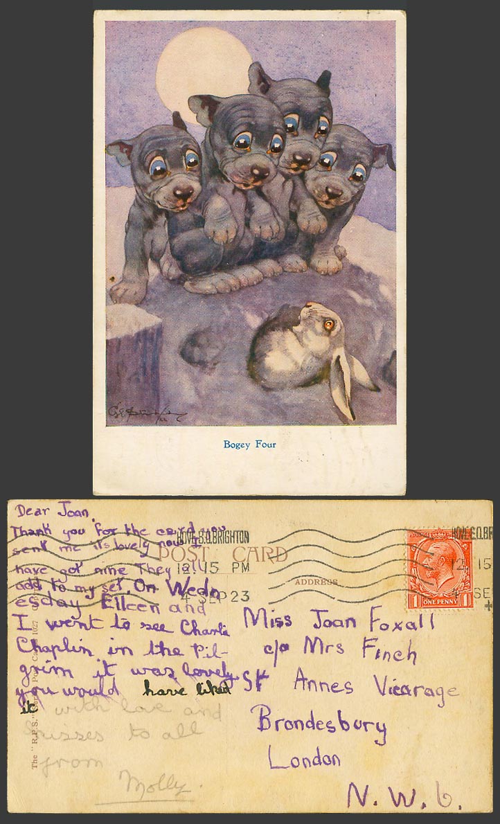 BONZO DOG GE Studdy 1923 Old Postcard BOGEY FOUR Puppies Bunny Rabbit Moon 1027