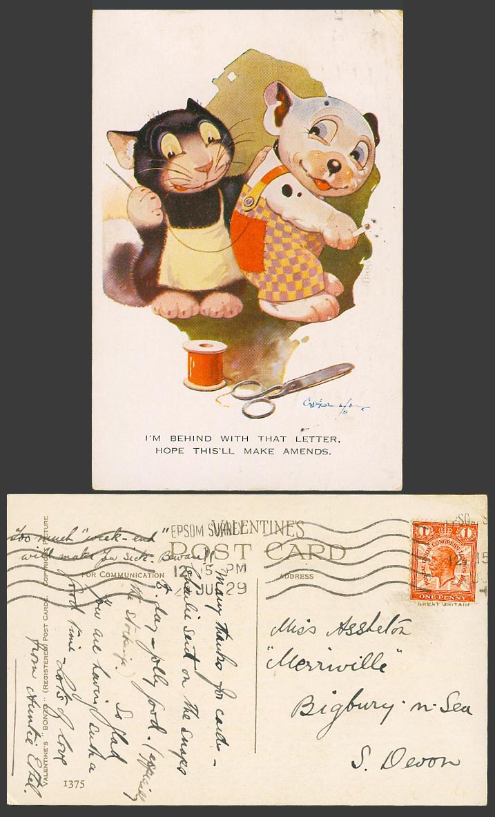 BONZO DOG G.E. Studdy 1929 Old Postcard Cat Behind with Letter, Make Amends 1375