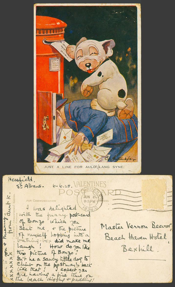 BONZO Dog GE Studdy 1928 Old Postcard Jus A Line for Auld Lang Syne Postman 1292