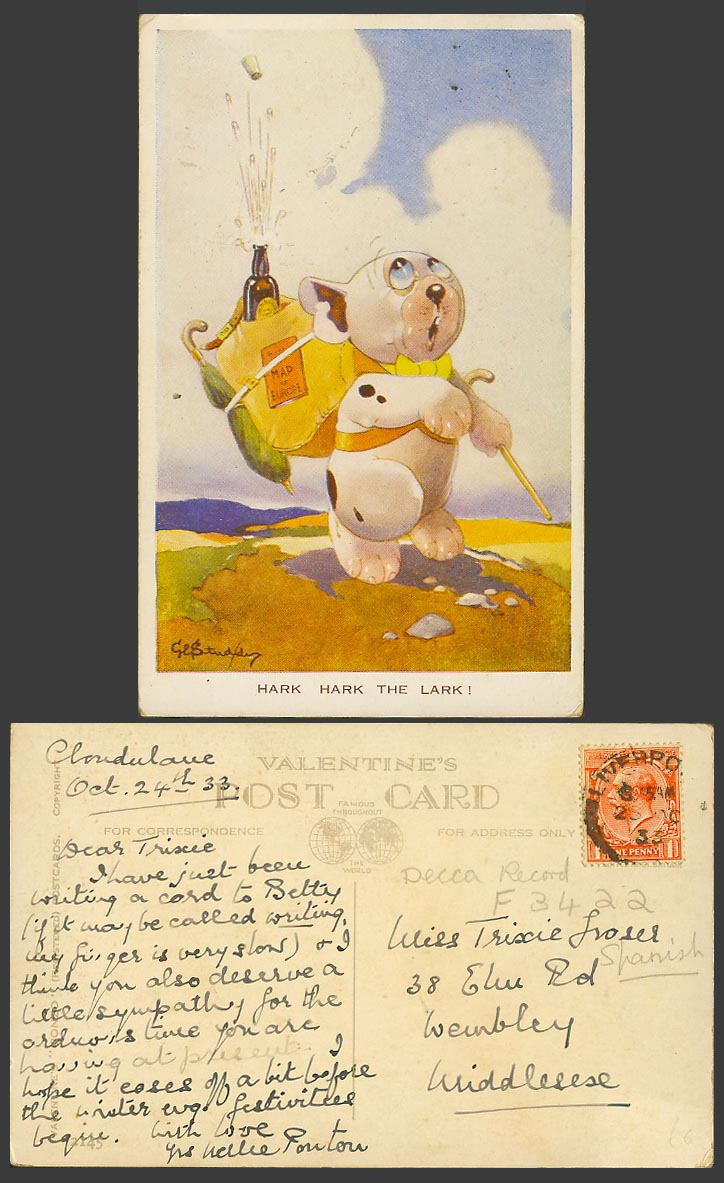BONZO DOG G.E. Studdy 1933 Old Postcard Hark Hark The Lark! Map of Europe N.2145
