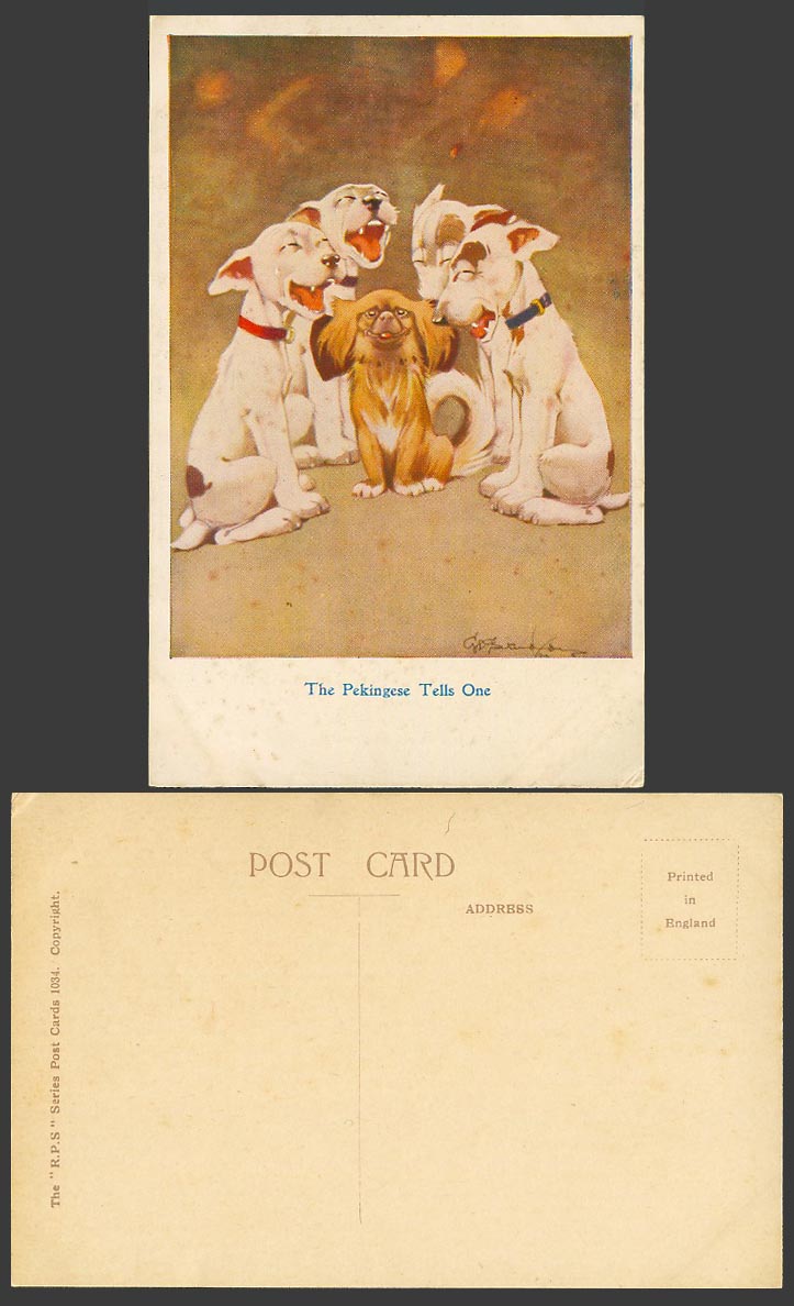 BONZO Dog GE Studdy c1920 Old Postcard The Pekingese Tells One Dogs Puppies 1034