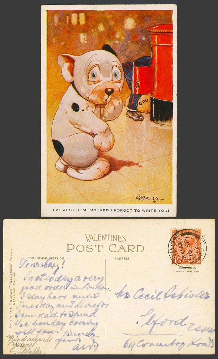 BONZO DOG GE Studdy 1927 Old Postcard I Forgot to Write You! G.P.O. Postman 1207