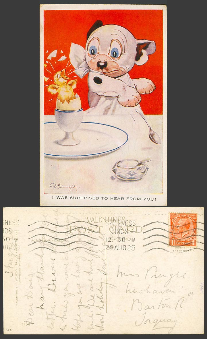 BONZO DOG GE Studdy 1928 Old Postcard I Was Surprised to Hear from You! Egg 1134