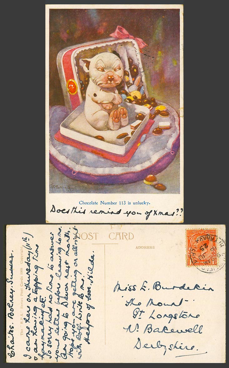 BONZO DOG GE Studdy 1925 Old Postcard Chocolate Number 113 is Unlucky Puppy 1069