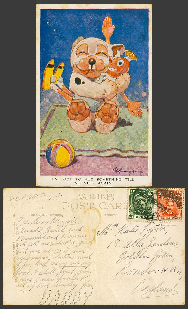 BONZO DOG GE Studdy 1925 Old Postcard Scarecrow Hug Sth. Till We Meet Again 1290