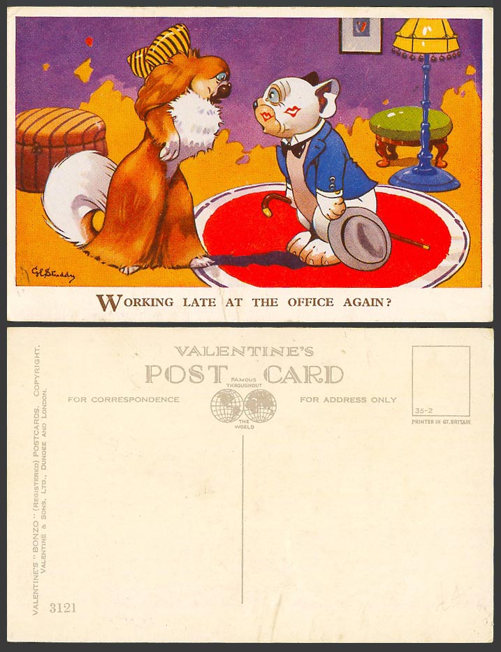 BONZO DOG GE Studdy Old Postcard Working Late at the Office again? Lipstick 3121