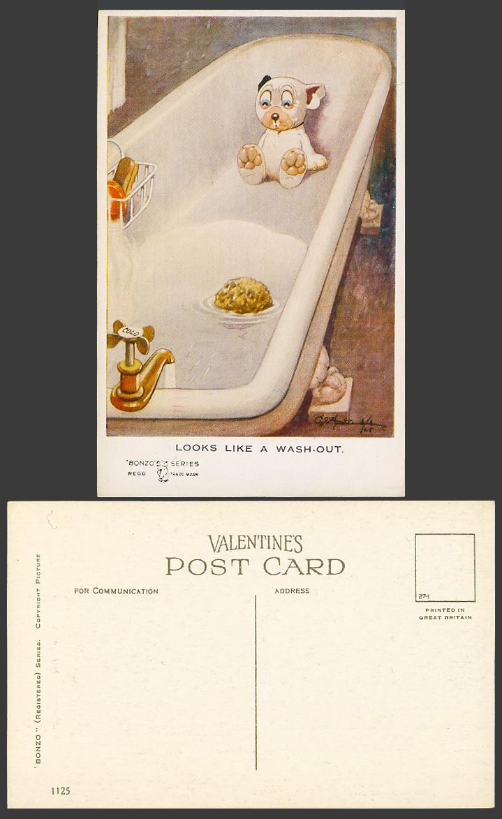 BONZO DOG GE Studdy Old Postcard Looks Like a Wash-Out. Cold Water Bath Tub 1125