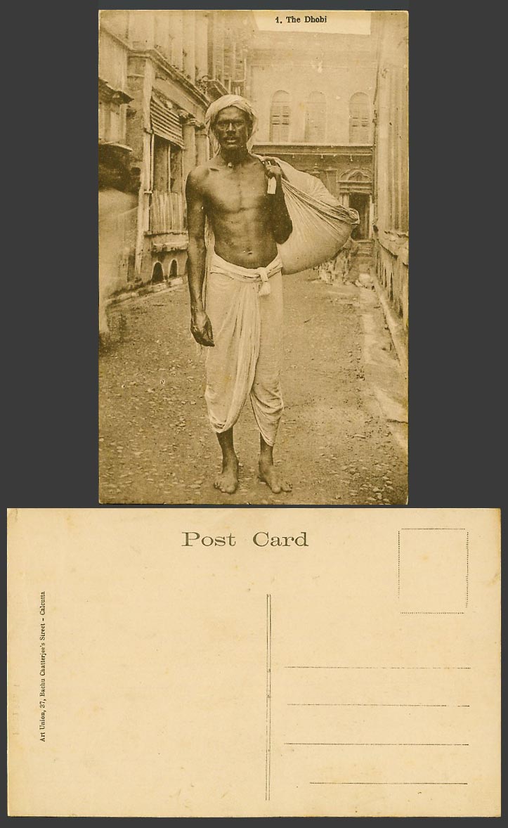 India Old Postcard The Dhobi Dhobie, Native Washerman with Laundry, Street Scene