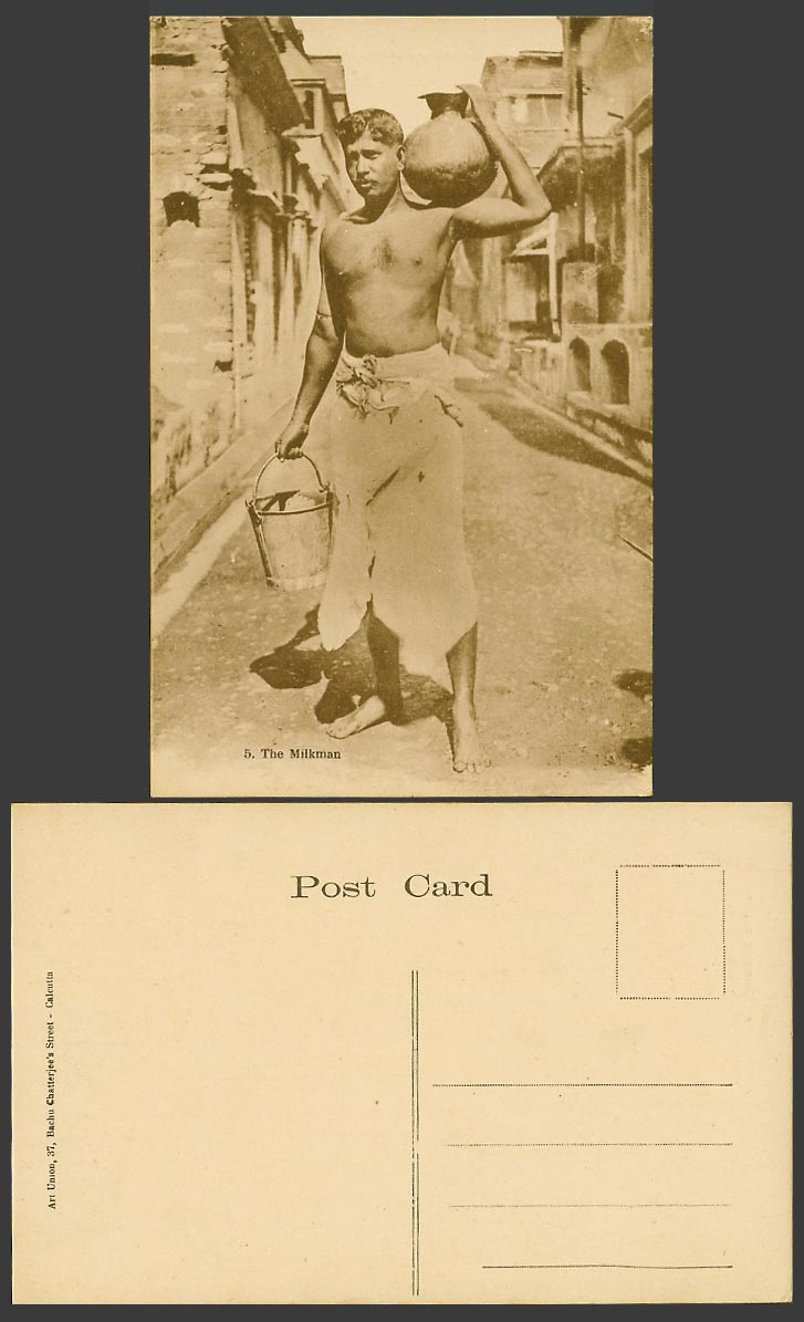 India Old Postcard The Milkman Native Milk Man Carrying Bucket and Jug in Street