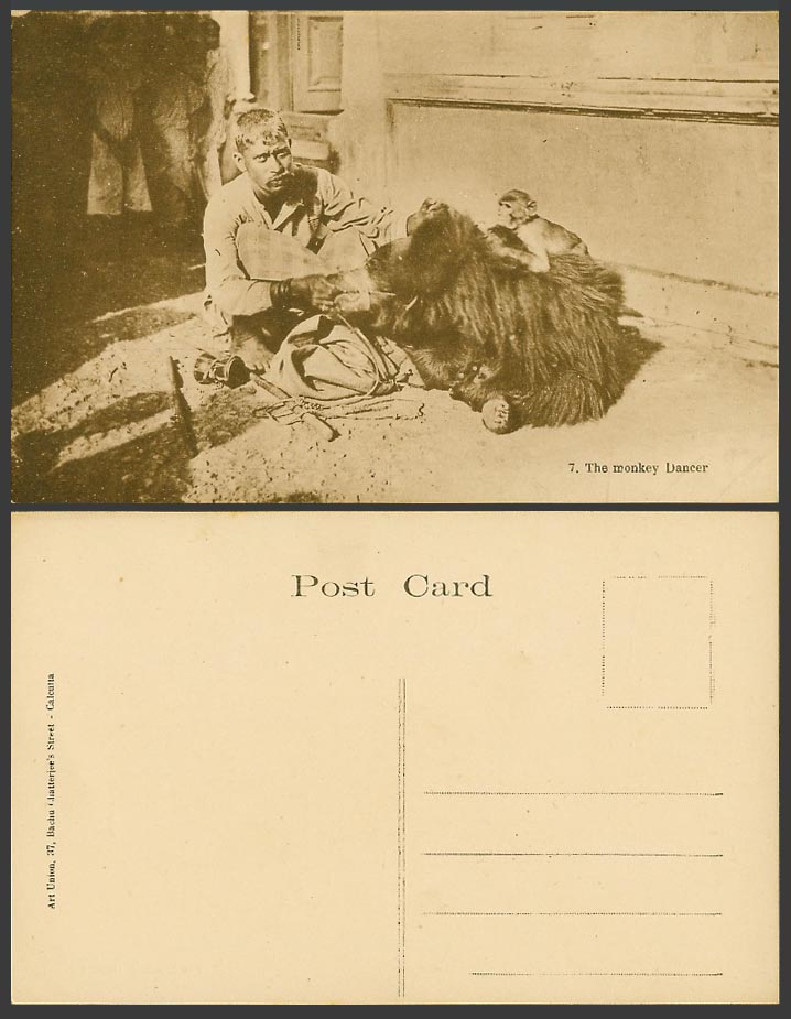 India Old Postcard The Monkey Dancer, Native Juggler Bear Tamer Bear Cub Animals