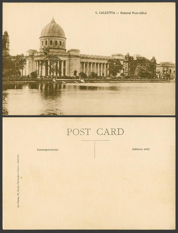 India Old Postcard Calcutta General Post Office G.P.O. GPO Lake, Art Union No. 1