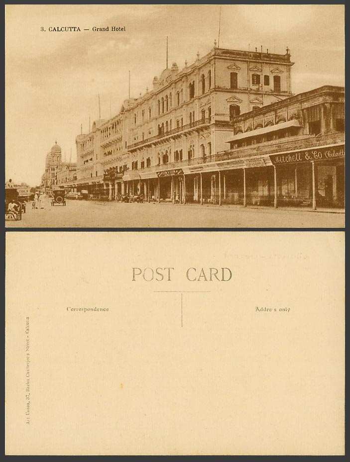 India Old Postcard Grand Hotel Calcutta Street Scene Mitchell & Co Lyon & Lyon 3
