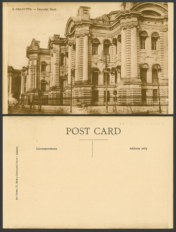 India Old Postcard Imperial Bank Calcutta Building Street Scene, Art Union No. 5
