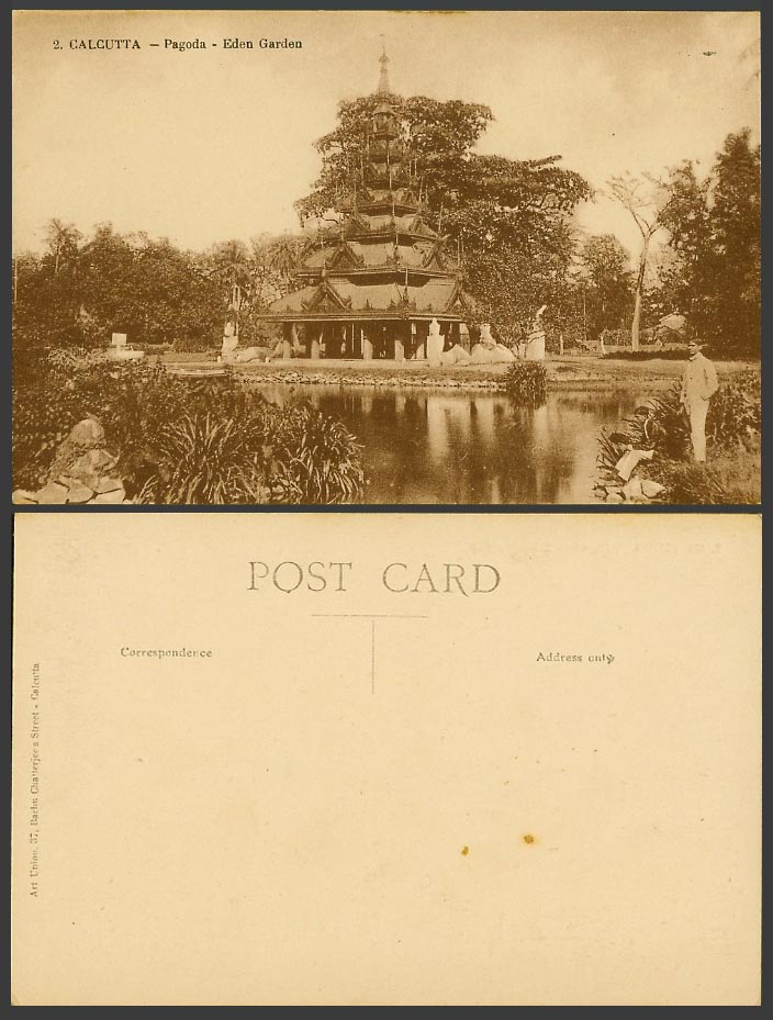 India Old Postcard Calcutta Eden Garden, Burmese Pagoda Temple Man stand by Lake