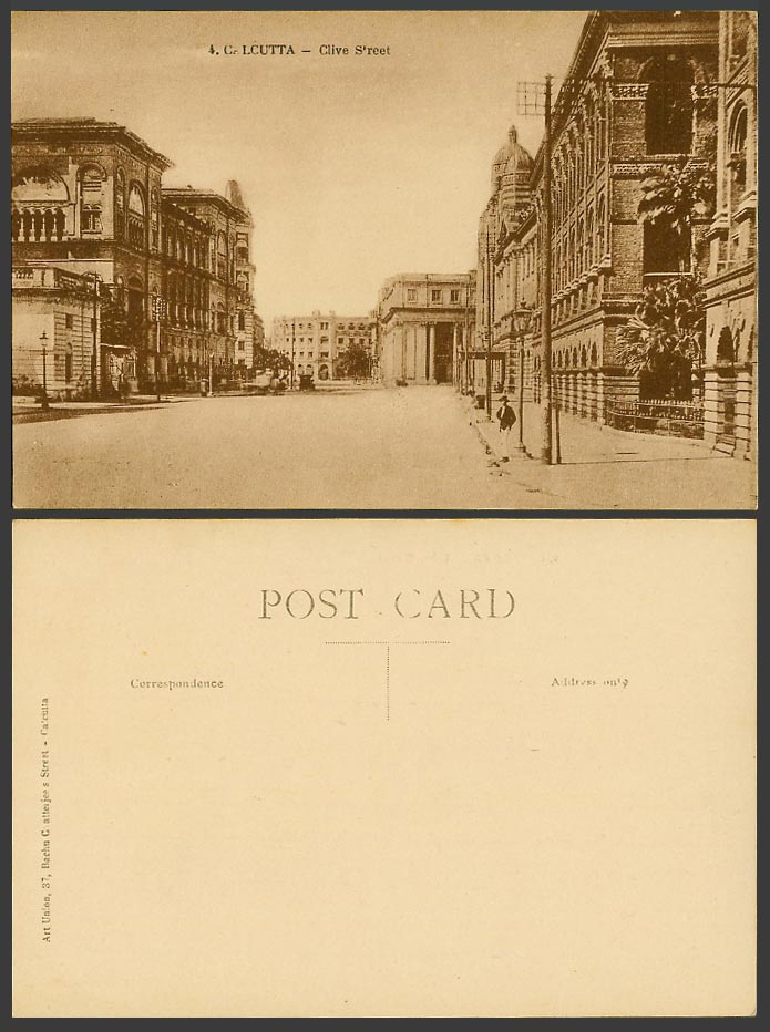 India Old Postcard Clive Street Scene Calcutta, Buildings Palm Trees Art Union 4