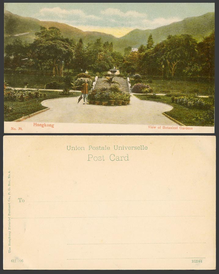 Hong Kong Old Postcard Botanical Gardens Botanic Garden a Chinaman with Umbrella