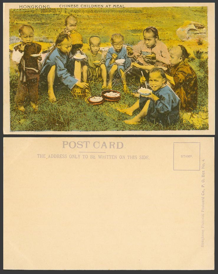 Hong Kong China Old UB Postcard Chinese Children at Meal, Chow Chow on Hillside
