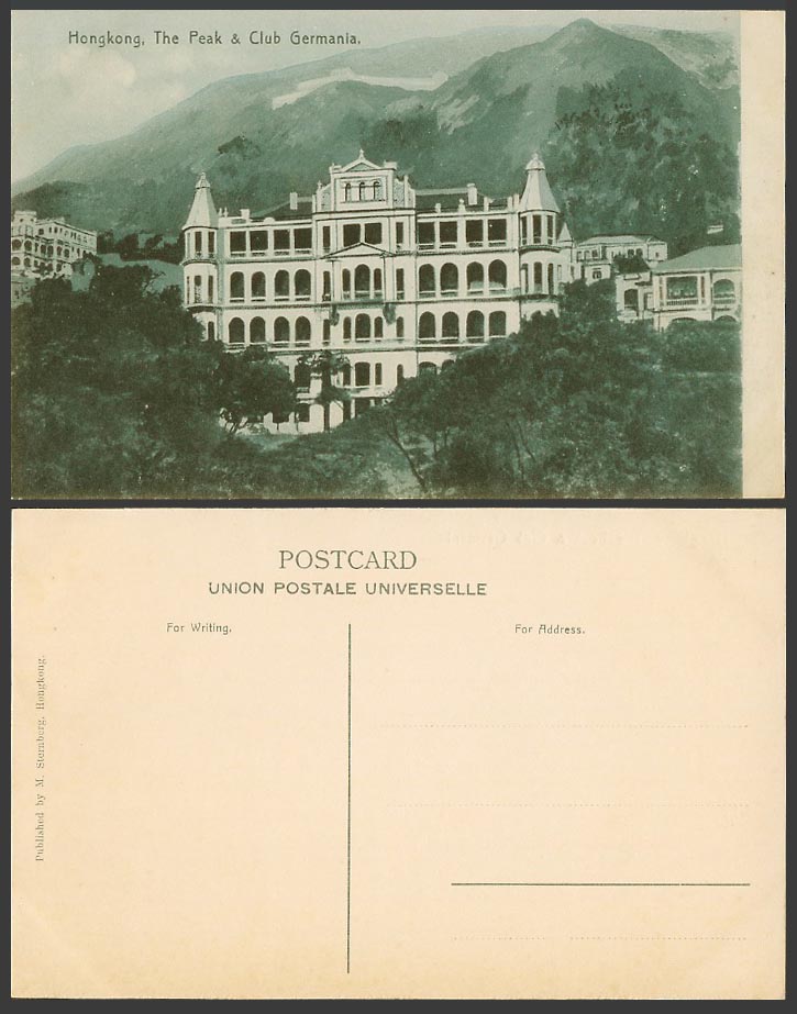 Hong Kong China Old Postcard The Peak and Club Germania Buildings Hill Mountains