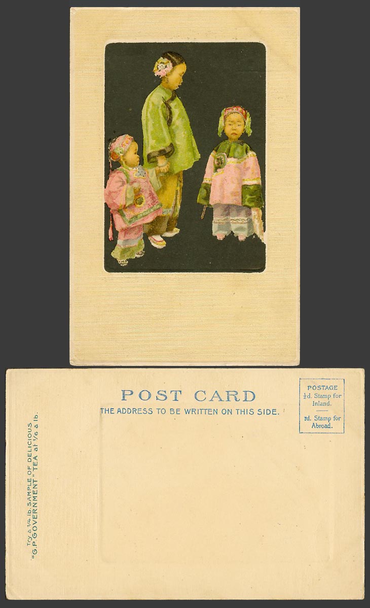 China B Bertha Stuart Old Postcard Chinese Children 3 Girls Traditional Costumes