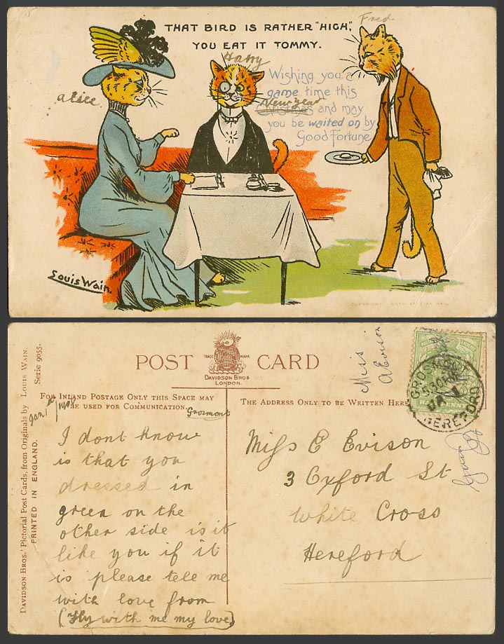 LOUIS WAIN Artist Signed Cats Bird is Rather High Eat It Tommy 1908 Old Postcard