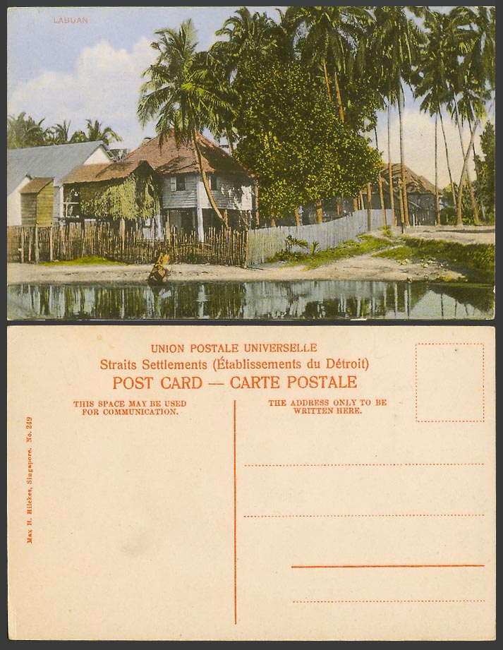 Labuan Brunei Old Colour Postcard Malay Houses Huts on Stilts Palm Trees, Malaya