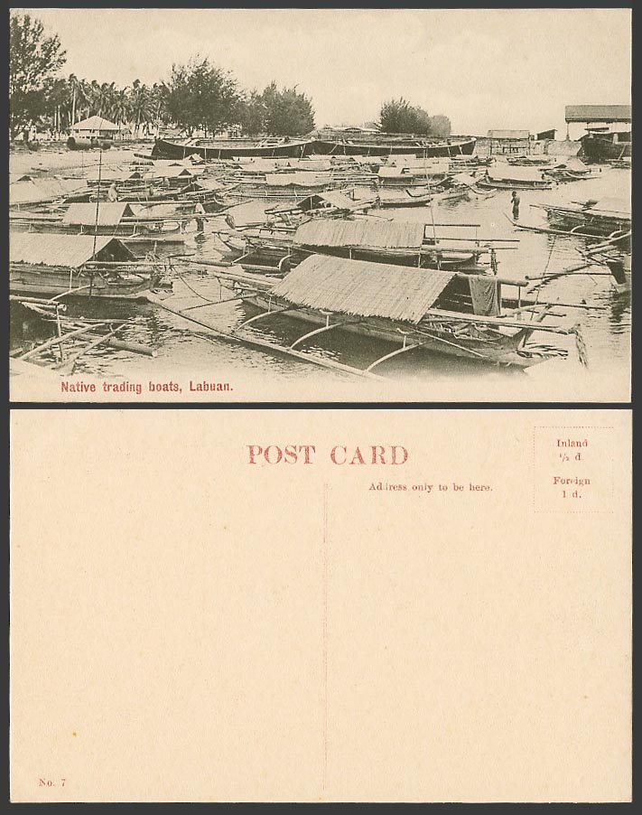 Labuan Brunei Old Postcard Native Trading Boats, Sampans in Harbour, Ethnic Life