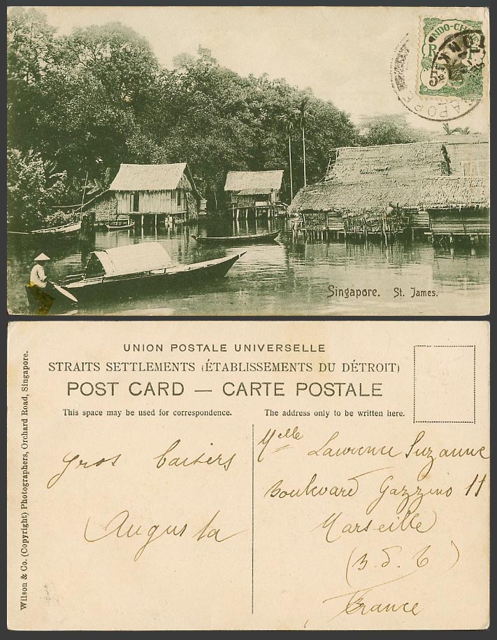 Singapore St James Indochina 5c Old Postcard Native Houses on Stilts Sampan Boat