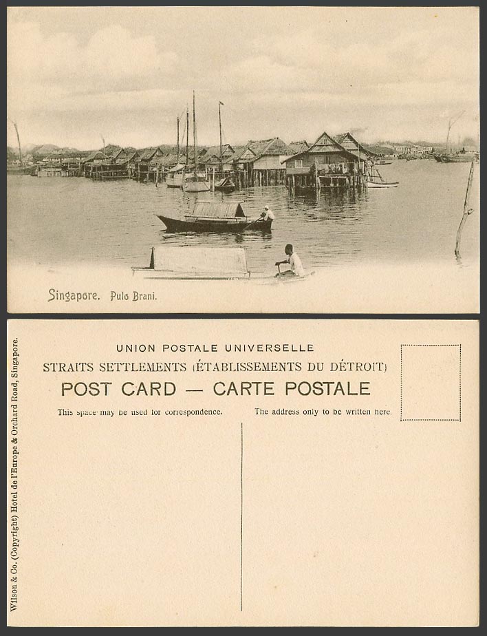 Singapore Old Postcard Pulo Brani, Native Houses on Stilts Sampans Boats Harbour