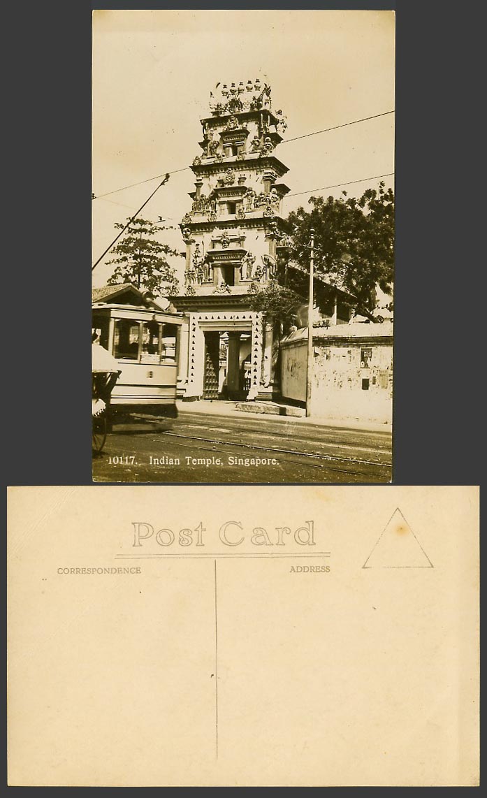 Singapore Old Real Photo Postcard Hindu Indian Temple, Pagoda, TRAM Street Scene