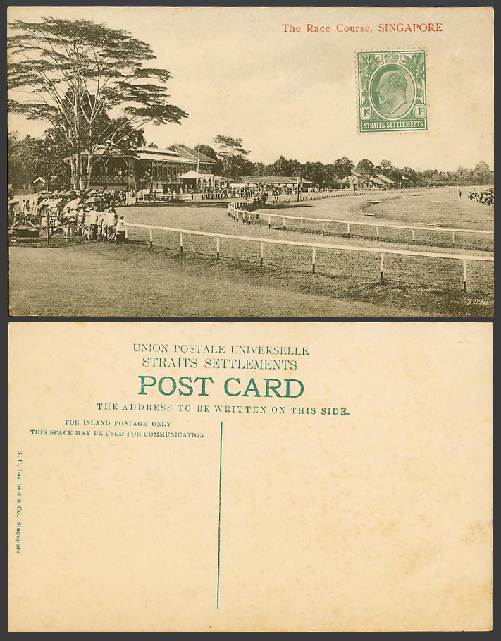 Singapore Old Postcard Horse Race Course Racecourse, Straits Settlements KE7 1c.