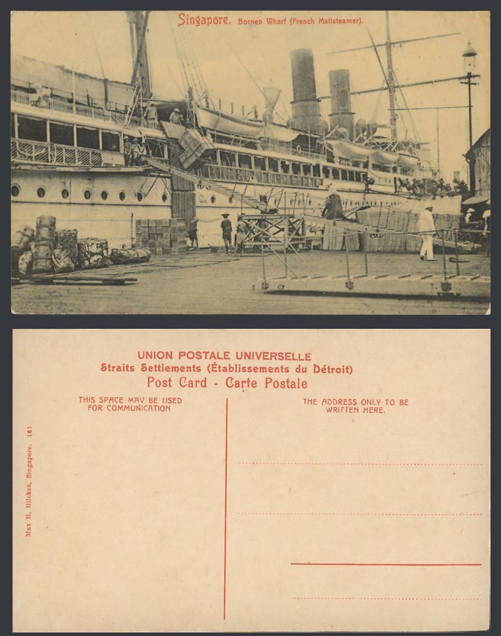Singapore Old Postcard Borneo Wharf, French Mailsteamer Mail Steamer, Steam Ship
