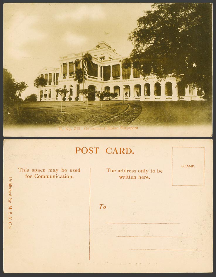 Singapore Old Postcard Government House, Flag, Palm Trees, M.S.N. Co. H. No. 315