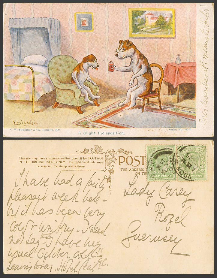 LOUIS WAIN Artist Signed Dogs Dog Puppy A Slight Indisposition 1905 Old Postcard