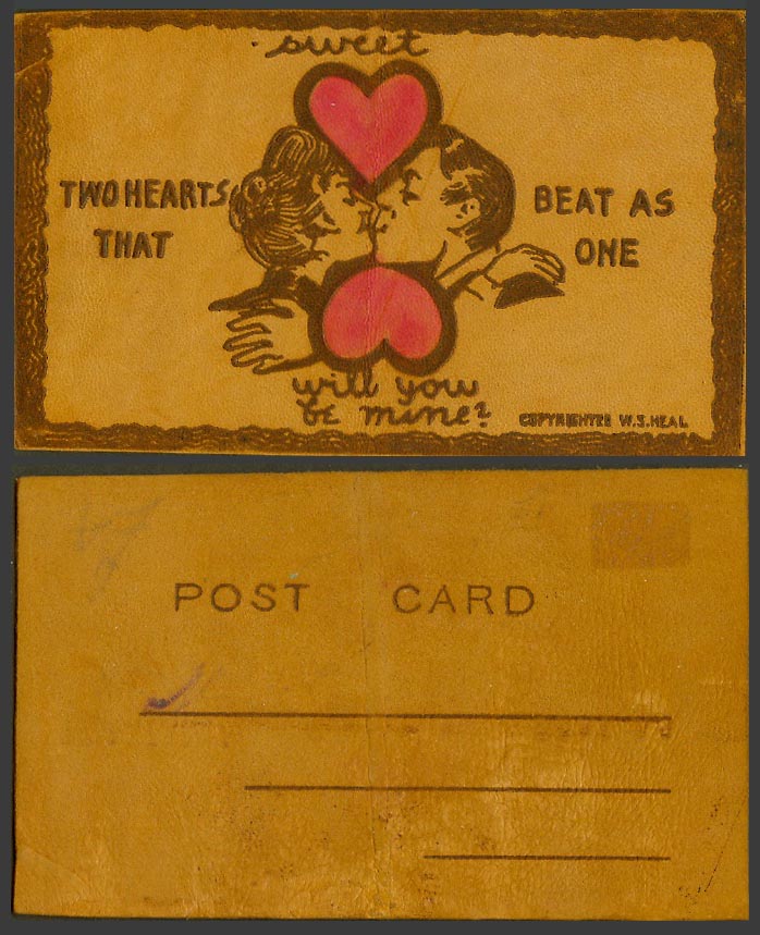 Novelty Made from Leather Old Postcard Two Hearts Beat as One, Will You be Mine?