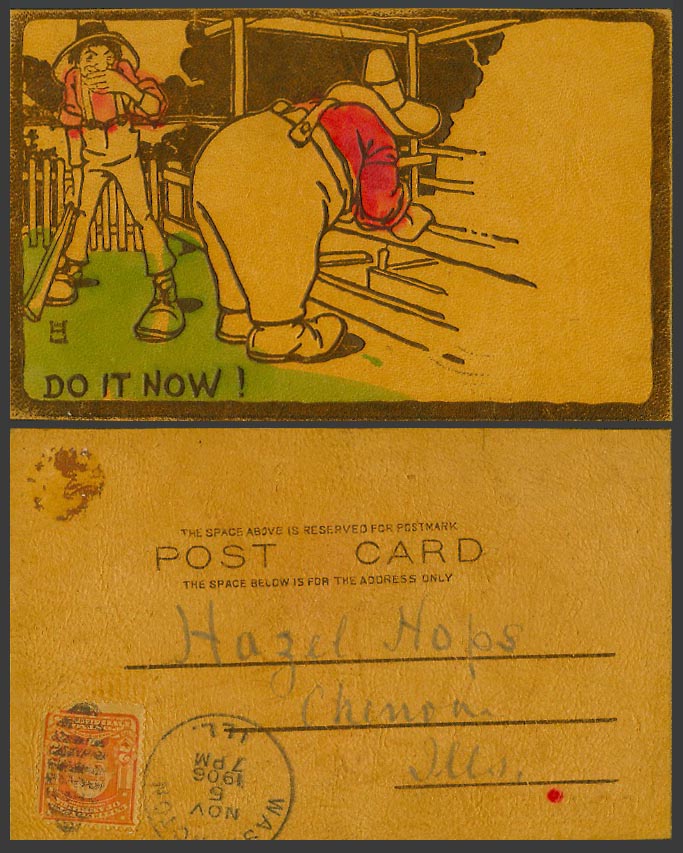 Novelty Made from Leather 1906 Old Postcard Do It Now Comic Humour Washington US