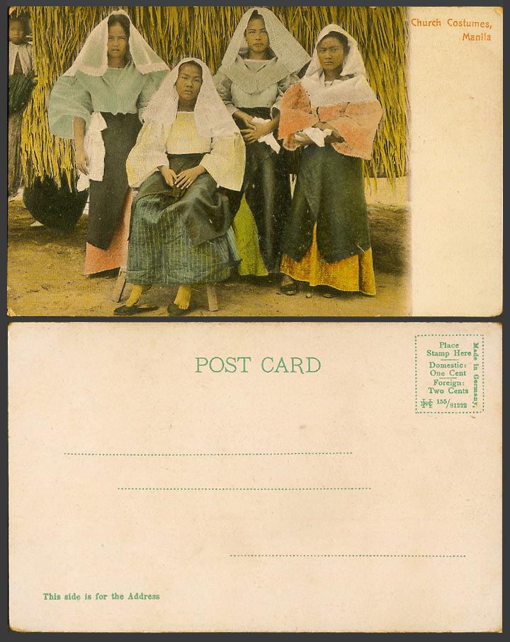 Philippines Old Colour Postcard Manila Church Costumes Native Women Girls Ladies