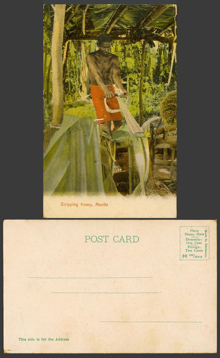 Philippines Old Colour UB Postcard Manila, Stripping Hemp, Native Worker at Work
