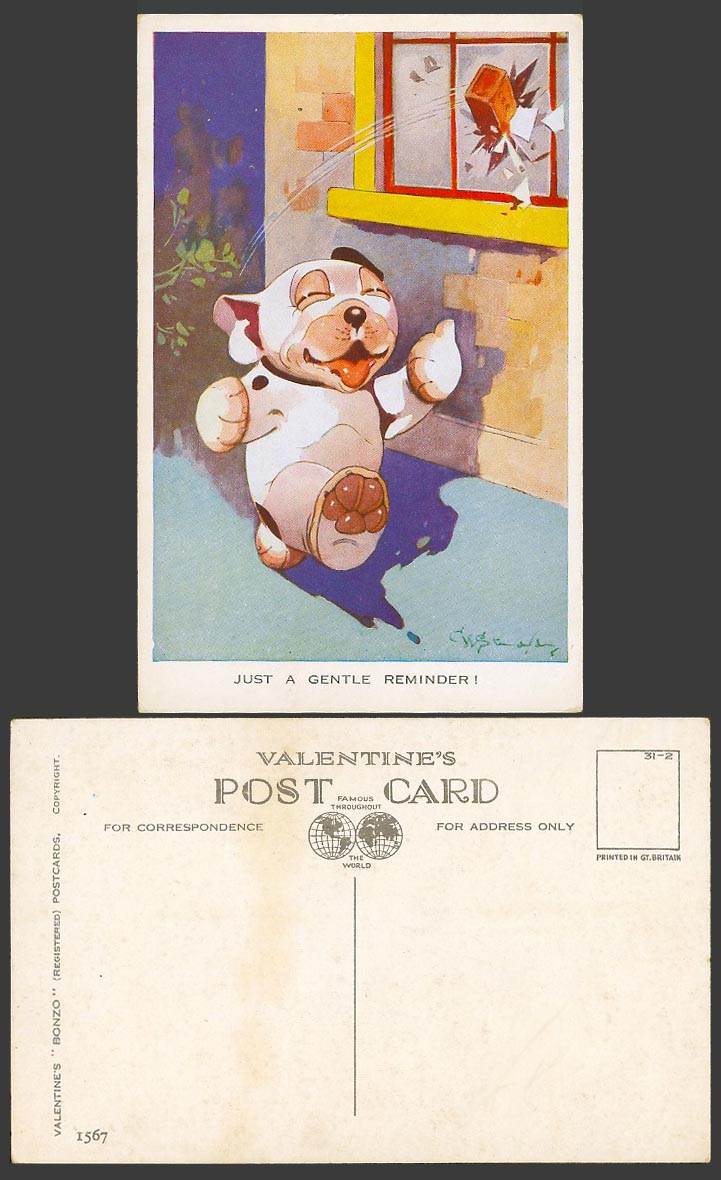 BONZO DOG GE Studdy Old Postcard Just a Gentle Reminder! Brick Smash Window 1567