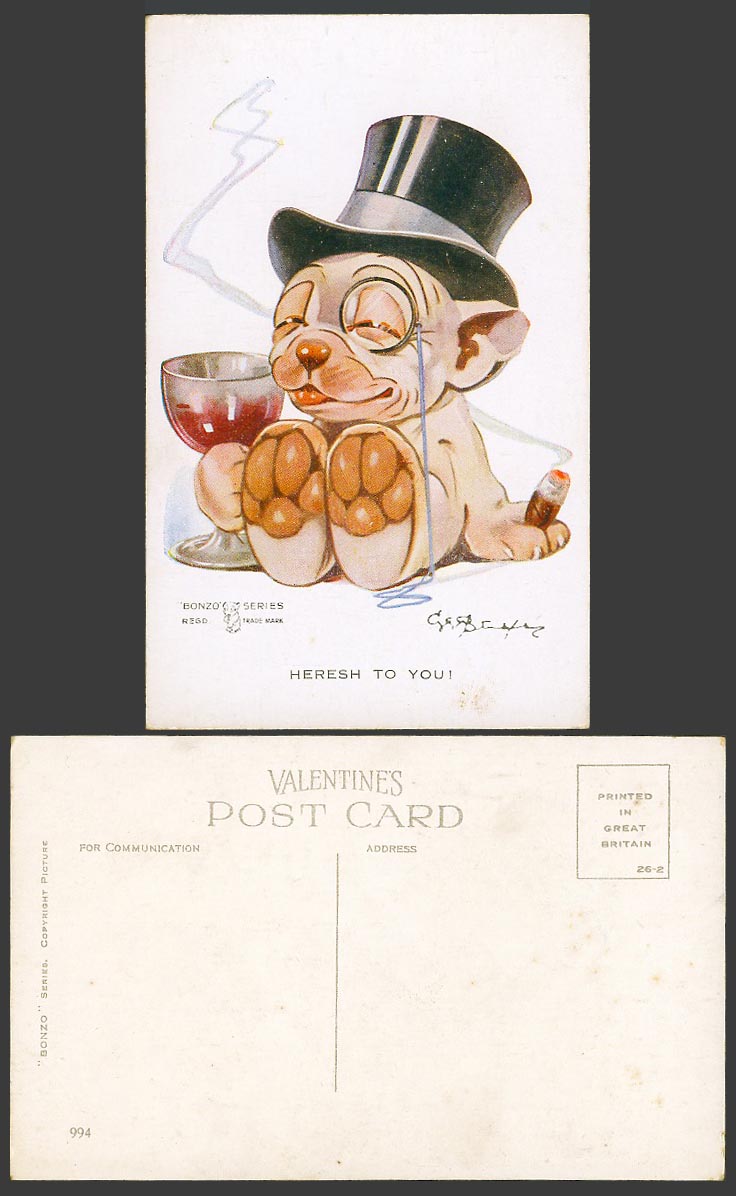 BONZO DOG GE Studdy Old Postcard Heresh to You! Smoking Cigar Glass Monocle 994