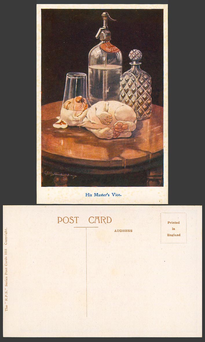 BONZO DOG GE Studdy Old Postcard His Master's Vice Drunk Puppy Glass Bottle 1018
