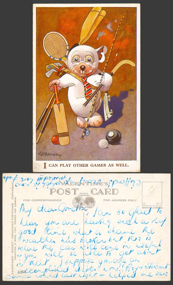 BONZO DOG GE Studdy Old Postcard I Can Play Other Games as Well Fishing Rod 2388
