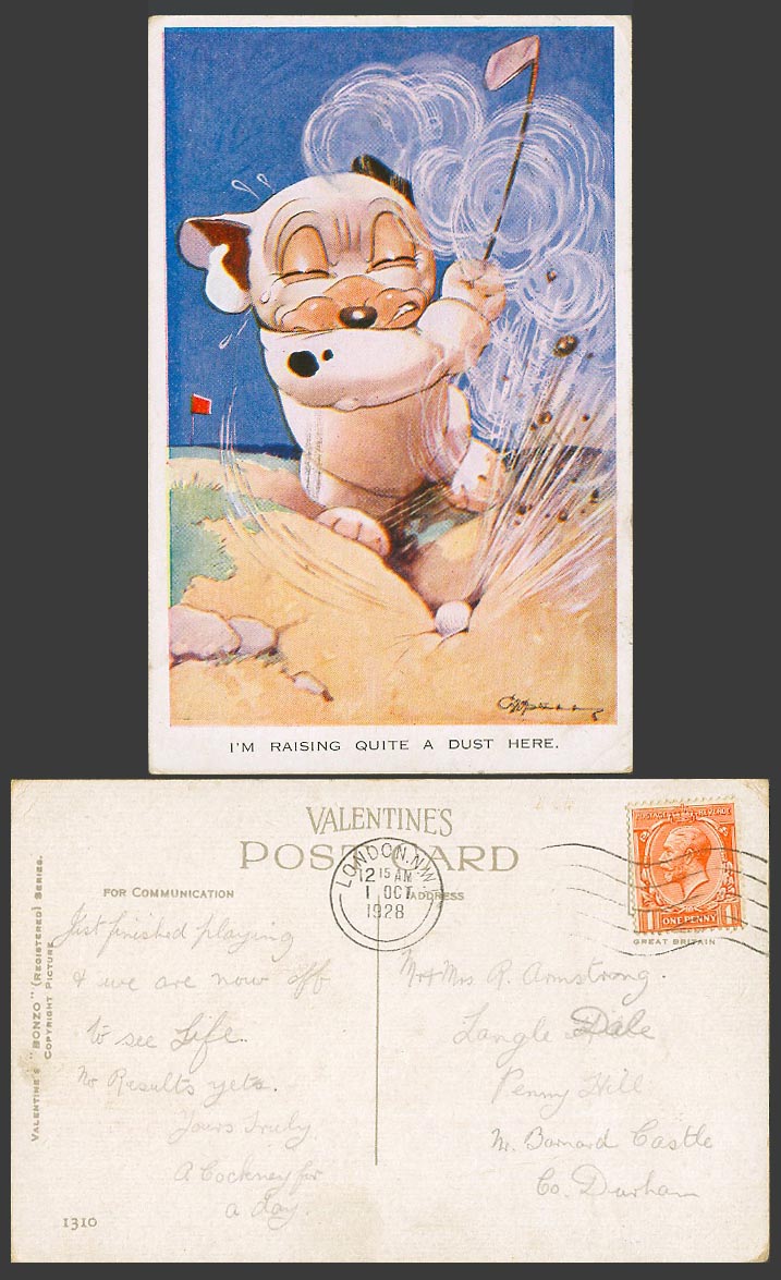 BONZO DOG GE Studdy 1928 Old Postcard Raising Quite a Dust Here Golf Golfer 1310