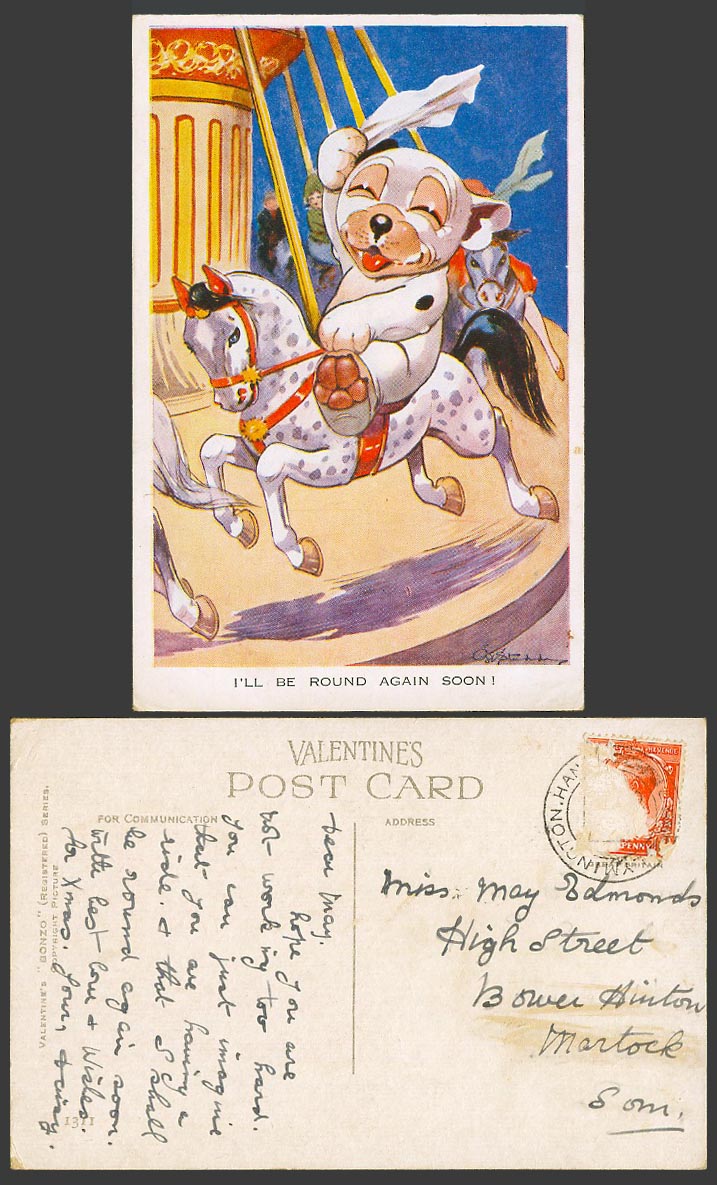 BONZO DOG GE Studdy Old Postcard Merry-Go-Round, I'll Be Round Again Soon! 1311