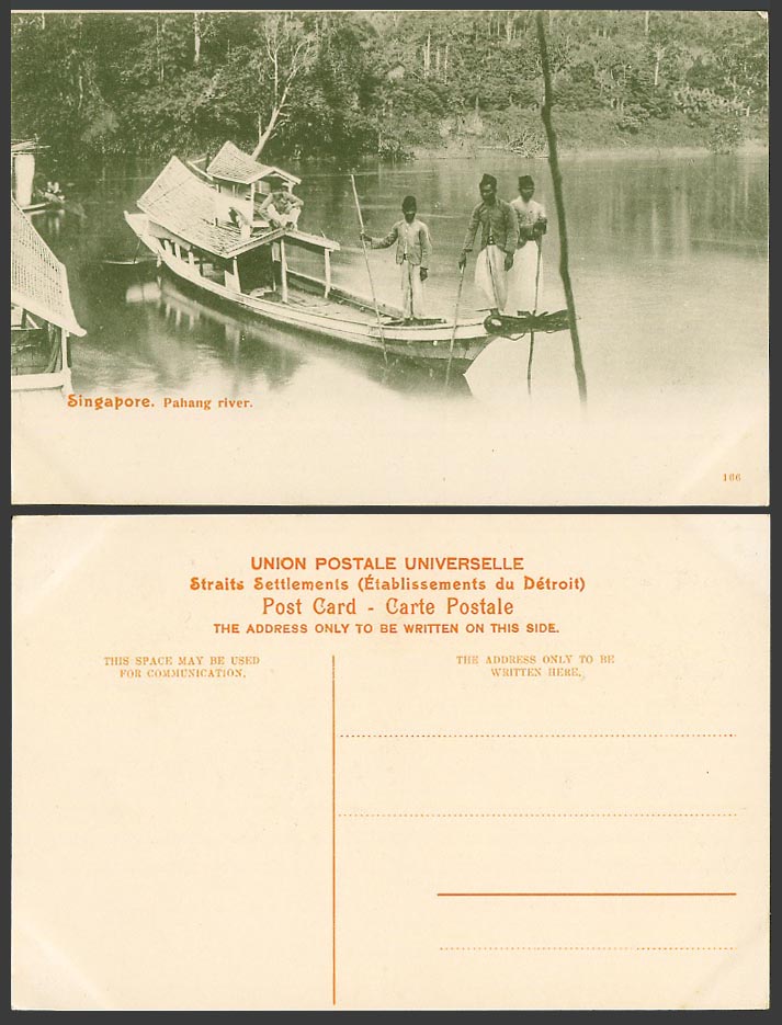 Singapore Old Postcard Pahang River Scene Native Malay Houseboat Boat Men & Boys